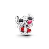 Disney Stitch Sterling Silver Charm with White and Red Murano Glass, Black and Pink Enamel