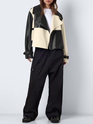 Tankaneo Womens Leather Cropped Jacket Fall Casual Trendy Oversized Color Block Motorcycle Coat4