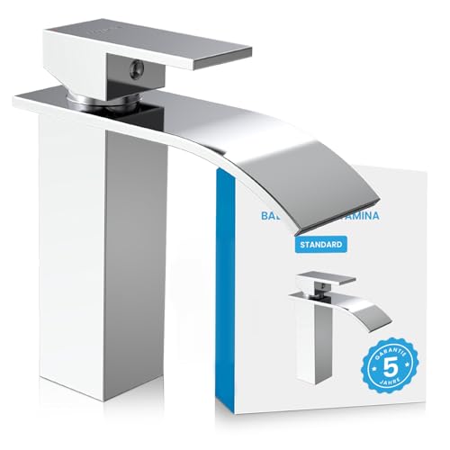 Bächlein Badarmatur Tamina in Wasserfall-Design, Einhebelmischer mit langlebiger Keramikkartusche und Montage-Set, Bad Wasserhahn Chrom