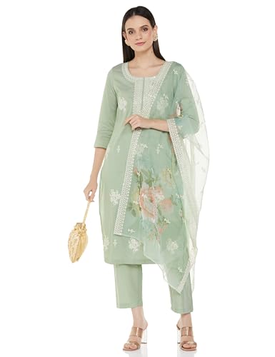 Image of Amazon Brand - Myx Women Embroidered Kurta Pant Set with Organza Dupatta | Viscose,Rayon (Available in Plus Sizes)