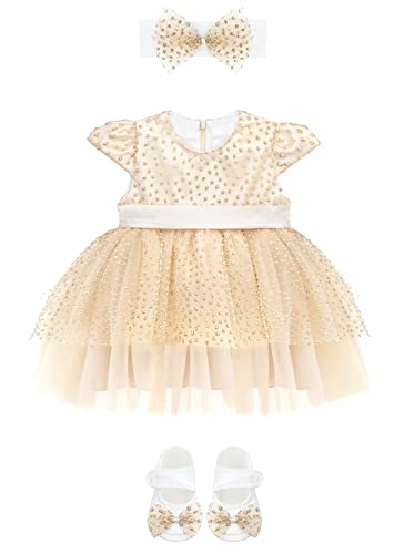 Lilax Baby Girls Glitter Tulle Dress, Sparkle Polka Dots Princess Gown with Matching Headband and Shoes