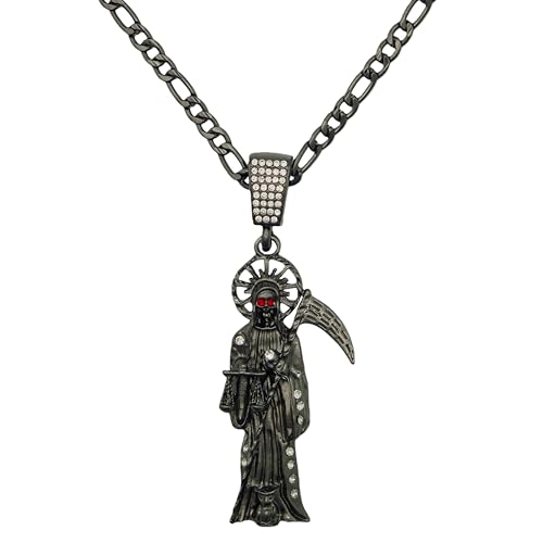 Santa Muerte Religious Pendant Necklace Crystal-Studded 19.68-inch Chain Gold and Black Options (Black)