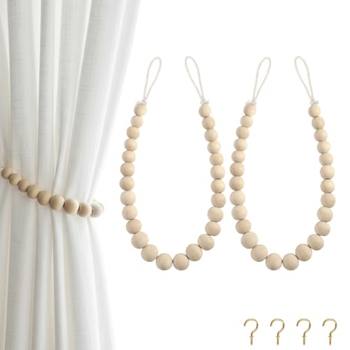 Hion 2 Pcs Boho Curtain Tiebacks Wood Beads Curtain Holdbacks Outdoor Farmhouse Tie Backs for Curtains Curtain Holders for Drapes Home Office Decor with Hooks(Wood Color)