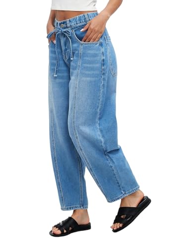 Ladyful Womens Baggy Barrel Jeans Drawstring Low Rise Horseshoe Jeans Boyfriend Wide Leg Mom Denim Pant Trouser