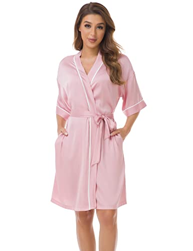 Colorfulleaf Short Robe For Women Plus Size Satin Robes V Neck Silk Sleepwear Bridesmaid Party Bathrobe Attached Belt &Inner Tie(Pink,2Xl) #TOP1