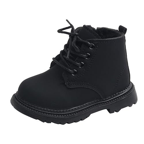IWIHMIV Girls Ankle Boots Lace Up Side Zipper Winter Booties Comfortable Outdoor Non Slip Warm Fleece Lined Shoes