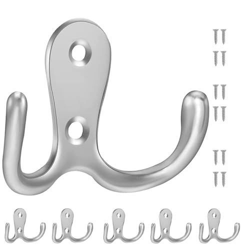 ruitao 6 PCS Dual Coat Door Hooks, Double Prong Wall Mounted Hooks with 12 PCS Screws for Hanging Hat Clothes Tie Towel Metal Retro Cloth, Hanger for Bathroom Bedroom Kitchen,Silver