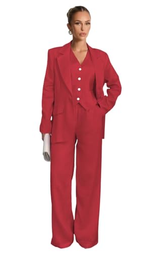 Red Suit for Women Linen 3 Piece Plus Size Womes Suits Sexy V Neck Wedding Summer Womens Pant Suits for Prom Tuxedos Size 4X-Large