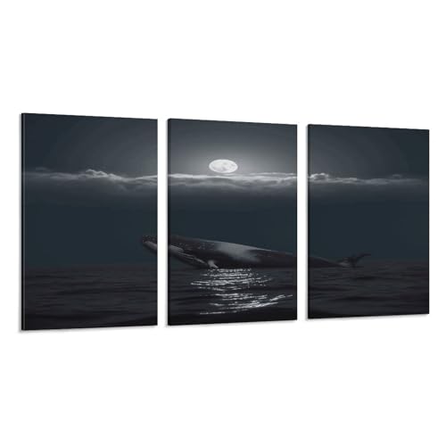 Toile murale grand format pour habiller un mur vide : triptyque baleine lune