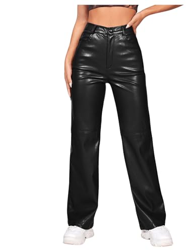 MakeMeChic Women's PU Faux Leather Straight Leg Trousers Party Long Pants Clubwear