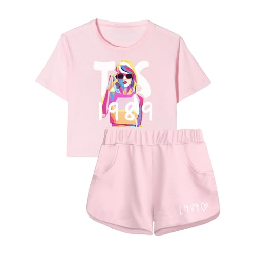 Image of TOOPYNOI Girls Crop Shorts Set, Graphic Short Sleeve Top Lounge Sets with Pockets Toddler Kids 2 Piece Country Music Outfit