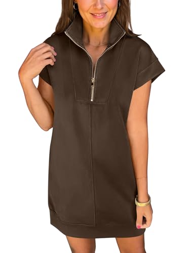 Image of ANRABESS Womens Summer Casual Half Zip Cap Sleeve Trendy Wrinkle-Free Tshirt Dress 2026 Spring Beach Vacation Short Dresses