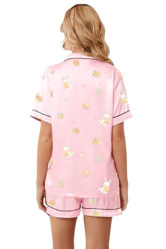 Image of Umeyda Women & Girls Pajamas Set, Soft Satin Lightweight Silk Button-Down Top with Shorts 2 Piece PJS for Mom Boys Kids Gifts