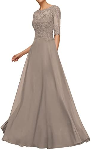 Wedding Guest Dresses for Women Lace Appliques Mother of The Bride Dresses Long Evening Dresses Short Sleeve Taupe