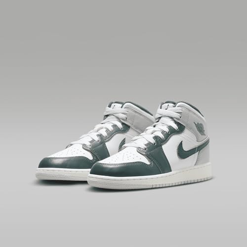 Air Jordan 1 Mid SE Big Kids' Shoes (FQ8088-103, White/Sail/Neutral Grey/Oxidized Green) Size 6.5 - image 5