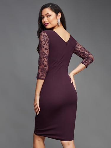 Image of Miss Chase Womens Bodycon Square Puff Sleeve Solid Lace Overlaid Ankle Length Dress