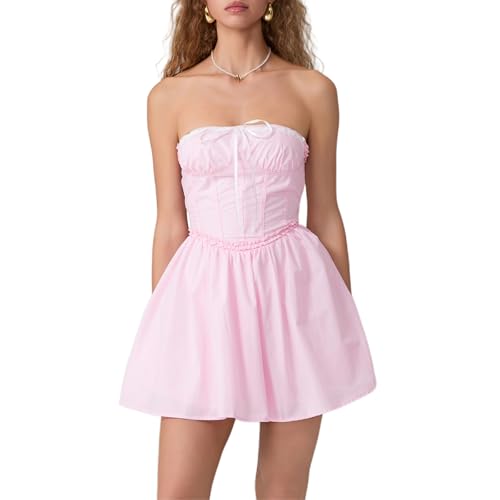 Felcia Damen Sommer Trägerloses Tube Minikleid Elegant Rückenfrei Spitzenbesatz A Linie Korsett Kleid Party Cocktail Kurzes Kleid Clubwear, B-Rosa,...