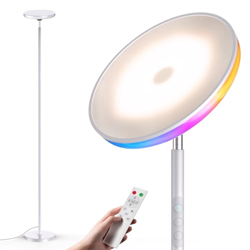 Image of UFO LED Torchiere Floor Lamp with RGB Ambient Light, 42W 3700LM Bright Dimmable Sky Lamp,71in Modern Tall Standing Lamp with Remote Touch Control&Timer,for Living Room Bedroom Office Gaming Room,White