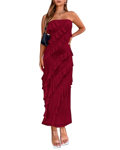 BTFBM Women Summer Elegant Strapless Midi Ruched Bodycon Dress Solid Color Stretch Mesh Slim Party Cocktail Dresses