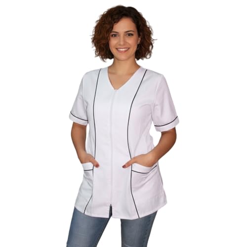 Camici da Lavoro Donna con Zip,Casacca,a Scelta tra 4 Colori, Estetista,parrucchiera, MAESTRA Asilo,Alimentari (Bianco rigo Nero, M)