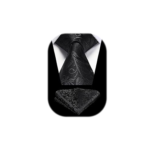 HISDERN - HISDERN Herren Krawatte Hochzeit Schwarz Paisley Krawatten Taschentuch Blumen Elegant Klassisch Krawatte & Einstecktuch Set - -5%