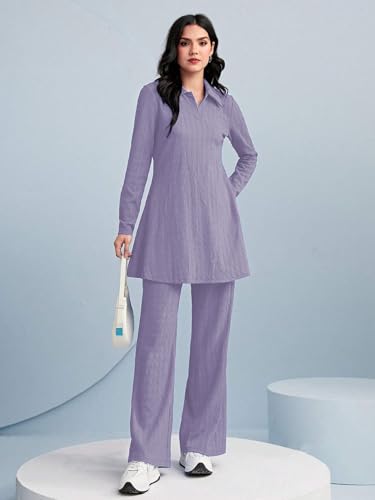 Image of TADKEE Women's Solid Color Two-Piece Set | Long Sleeve Top & Wide Leg Pants Co-ord Set | Casual Wear Co ord Set