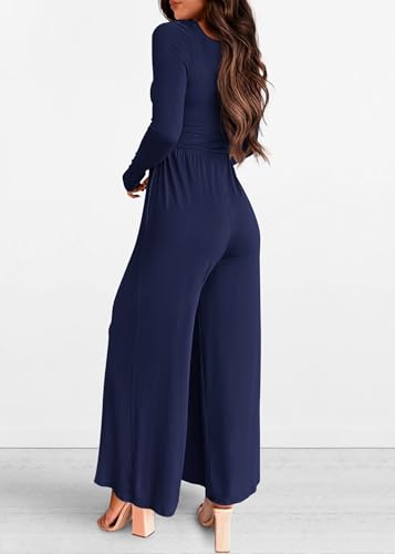 KIRUNDO Long Sleeve Jumpsuit for Women 2026 Spring Outfits Summer One Piece Square Neck Wide Leg Pants Romper With Pockets(Navy, Small) — view 2