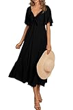 PRETTYGARDEN Summer Dress for Women 2024 Casual Short Sleeve Bow Tie V Neck Ruffle Midi Flowy Dresses (Black,Small)