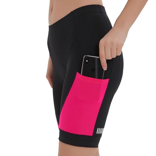 NOOYME Feminino Shorts De Ciclismo Com Acolchoamento 4D E Bolsos (Rosa Brilhante, Médio)