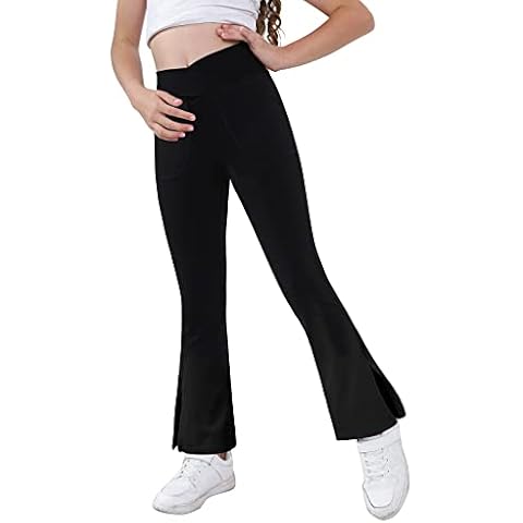 Teen Girls Bootcut Yoga Pants Kids Active Crossover Split Hem Flare Leggings with Pockets Black Cover