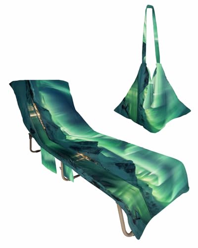 Mountains Beach Chair Towel Covers for Chaise Lounge With Side Pocket, Soft Plush Pool Towels Cover for Patio Sunbathing Outdoor Ombre Green Ice Cabin Lodge Summer Winter Ocean 29''x85''