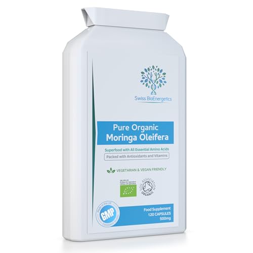 Pure Organic Moringa Oleifera 500mg 120 Capsules - no fillers or Flowing Agents - 100% Natural Soil Association Certified High Strength Superfood with All Essential Amino Acids