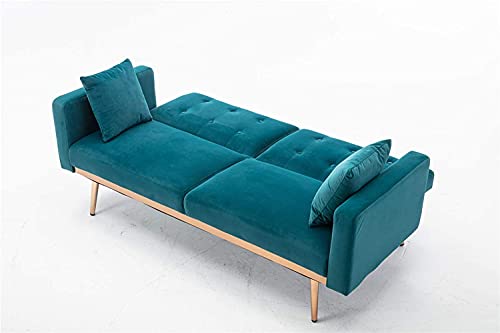 Szlizccc 63.7" Teal Velvet Couch, Tufted Loveseat Sofa, Convertible Futon Sofa Bed, Accent Sofa Recliner, Golden Metal Legs, 2 Couch Pillows, Mid Century Modern Sofas For Home Living Room Bedroom #TOP4