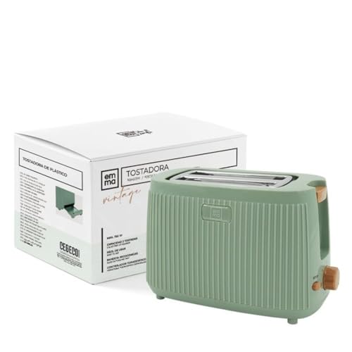 EMMA, Tostadora, 750W, 28x17 cm, Verde, Ranuras Anchas, Múltiples Niveles de Tostado, Bandeja Recogemigas, Ideal para Desayuno, Disfruta de desayunos con estilo gracias a este tostador vintage verde