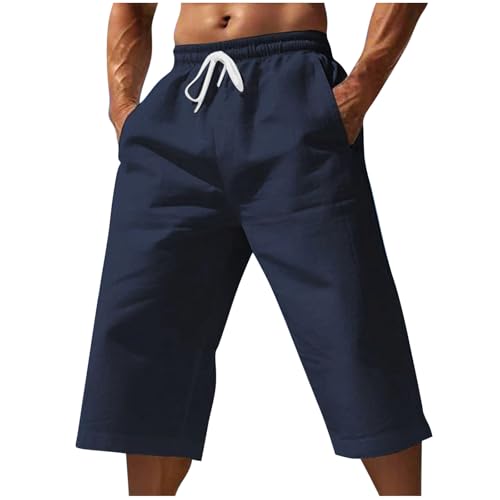 Mens Cotton Linen Cropped Pants Casual Drawstring Elastic Waist Summer Beach Pant Lightweight Vacation Crop Trouser