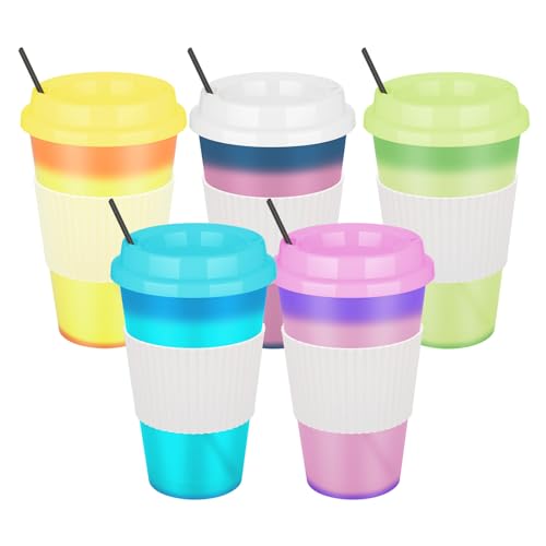 NUZEKY Tazas de café de plástico con tapas, popotes: 473 ml, 5 unidades que cambian de color para bebidas calientes y frías, taza de café helado, vaso de fiesta a granel para niños y adultos, taza de