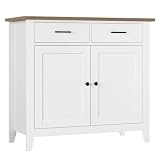 HORSTORS Kitchen Storage Cabinet, Modern Farmhouse Buffet Cabinet with Storage, Coffee Bar with 2 Drawers and 2 Doors, Floor Sideboard Buffet for Living Room, Dining Room, Bathroom, Ivory White