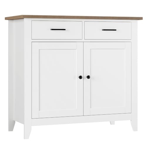 HORSTORS Kitchen Storage Cabinet, Modern Farmhouse Buffet Cabinet with Storage, Coffee Bar with 2 Drawers and 2 Doors, Floor Sideboard Buffet for Living Room, Dining Room, Bathroom, Ivory White