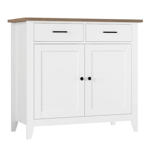 HORSTORS Kitchen Storage Cabinet with Drawers and Doors, Floor Sideboard and Buffet Server Cabinet, Entryway Console Cabinet for Living Room, Dining Room, Bathroom, Ivory White