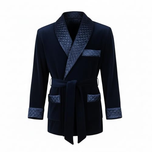 Luxury Men's Velvet Smoking Jacket, Navy Blue, Classic Victorian Style, Quilted Lapel Design, Formal Evening Wear (US, Alpha, XX-Large, Regular, Regular, Blue)