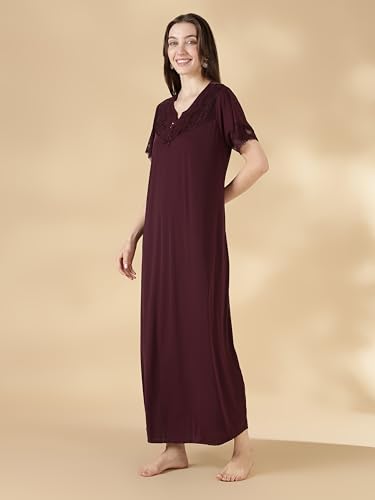 Image of 9shines Label Stylish Soft Modal Maxi Nighty | Honeymoon Nighty | Full Length Trendy Nightgown | V-Neck Lace | Premium Nightdress | Soft Long Nightdress | Maxi Gown Nightwear for Women (Malai Satin)