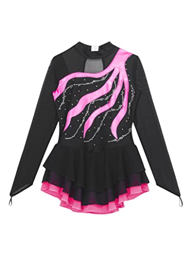 Loyan Kids Girls Shiny Ice Figure Skating Dress Mesh Long Sleeve Roller Skating Dance Competition Performance Costume Hot Pink 8 Years #TOP5