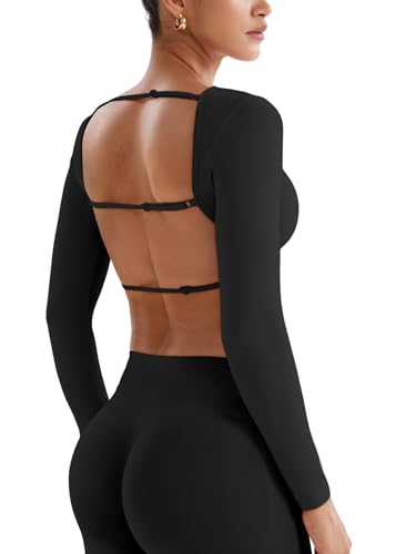 YEOREO Villay Women Sexy Backless Long Sleeve Adjustable Straps Seamless Going Out Tops Open Back Y2K Crop Stretch Tee Shirt