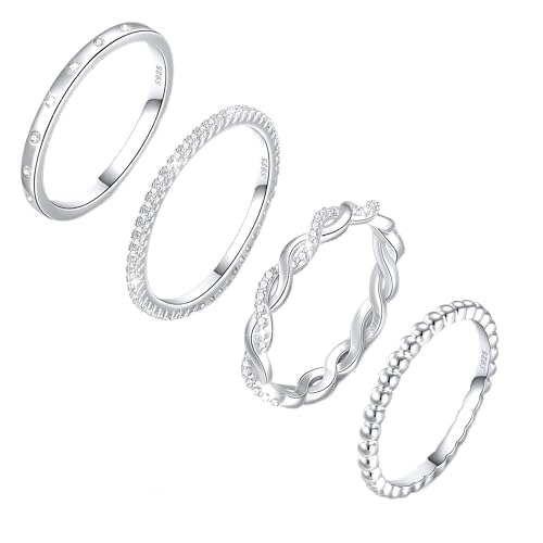 Diorra Sterling Silver Ring for Women, 4PCS Thin Stackable Rings Cubic Zirconia Thumb Ring Set Engagement Statement Wedding Bands for Women Size 5-10