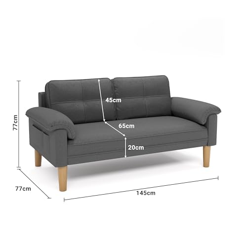 Xbro Sofa 2 Sitzer, Kleine Couch 2 Sitzer mit Armlehne und Seitentasche, Modernes Stoffcouch für Wohnzimmer,Wohnung,Büro,Einfache Montage, 144 x 77 x 77 cm, Dunkelgrau – Bild 4
