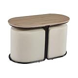  Mobilier-Deco Nadia - Ensemble Table Basse Couleur Bois avec 2 poufs encastrables en Tissu Beige