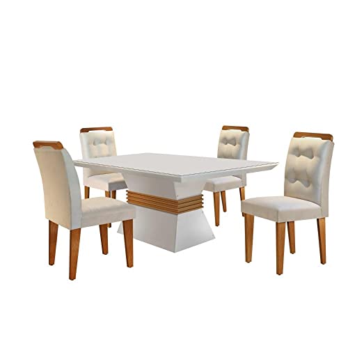 Conjunto Sala de Jantar Mesa Clarice 120x80cm Tampo Vidro/MDF Canto Reto com 4 Cadeiras Valentina Ru