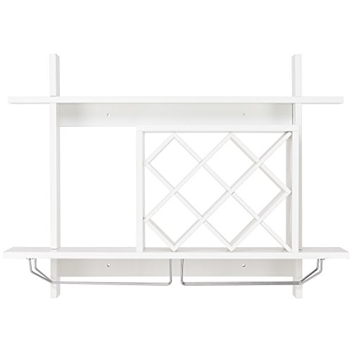 Giantex Wall Mounted Wine Rack Organizer W/Metal Glass Holder & Multifunctional Storage Shelf Modern Diamond-Shaped Wood Wine Server For 6 Bottles Wine Storage Display Rack (White) #TOP7
