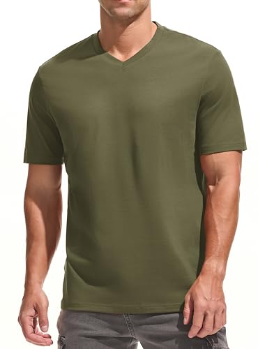 JEEGAL Men's V-Neck T-Shirt - Premium 95% Cotton 5% Spandex Soft Slim Fit Tee, Breathable Moisture Wicking for Casual & Workout Army Green XL