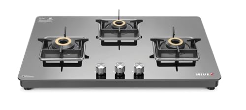 Sujata 3 Burner Gas Stove Glass Top | 9 Years Warranty | Premium Gas Stove with Jumbo Brass Burners | SABAF Technology | ISI Certified | LPG & PNG Compatible | 360° Rotating Brass Nozzle (Black)